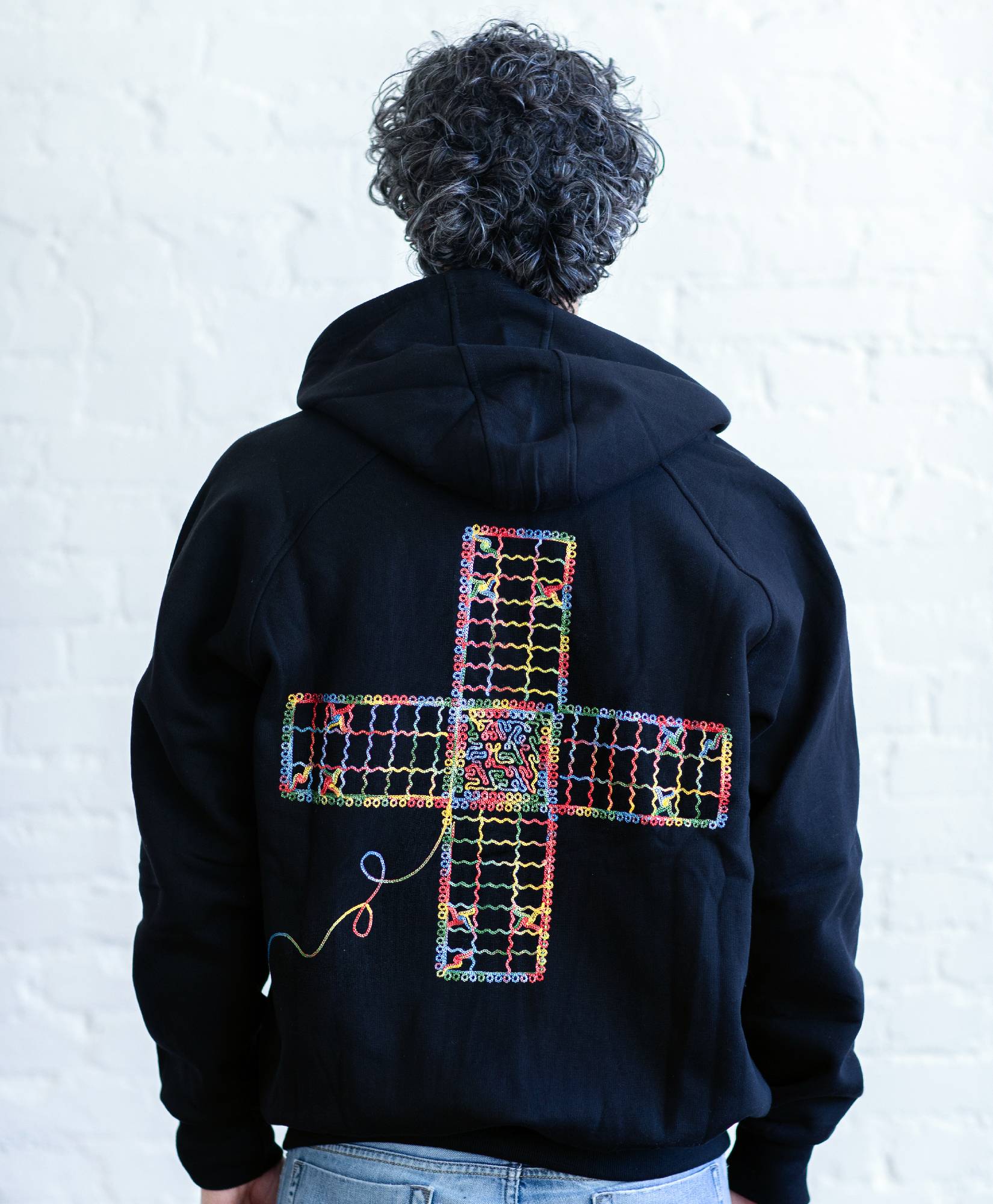 Cotton Black Embroidered Zip Hoodie + Traditional Barjees Board Game / Stitched Hooded Jacket
