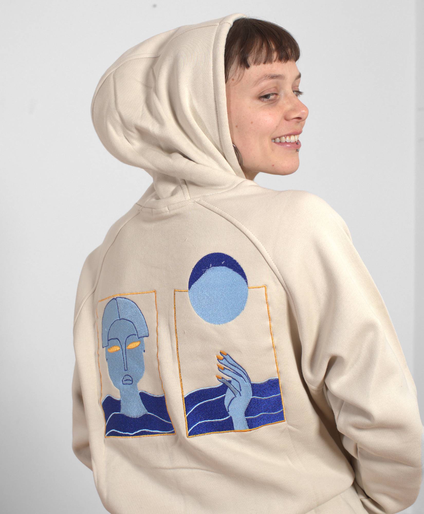 Embroidered art on Cotton Beige Hoodie / Stitched Beige Hoody