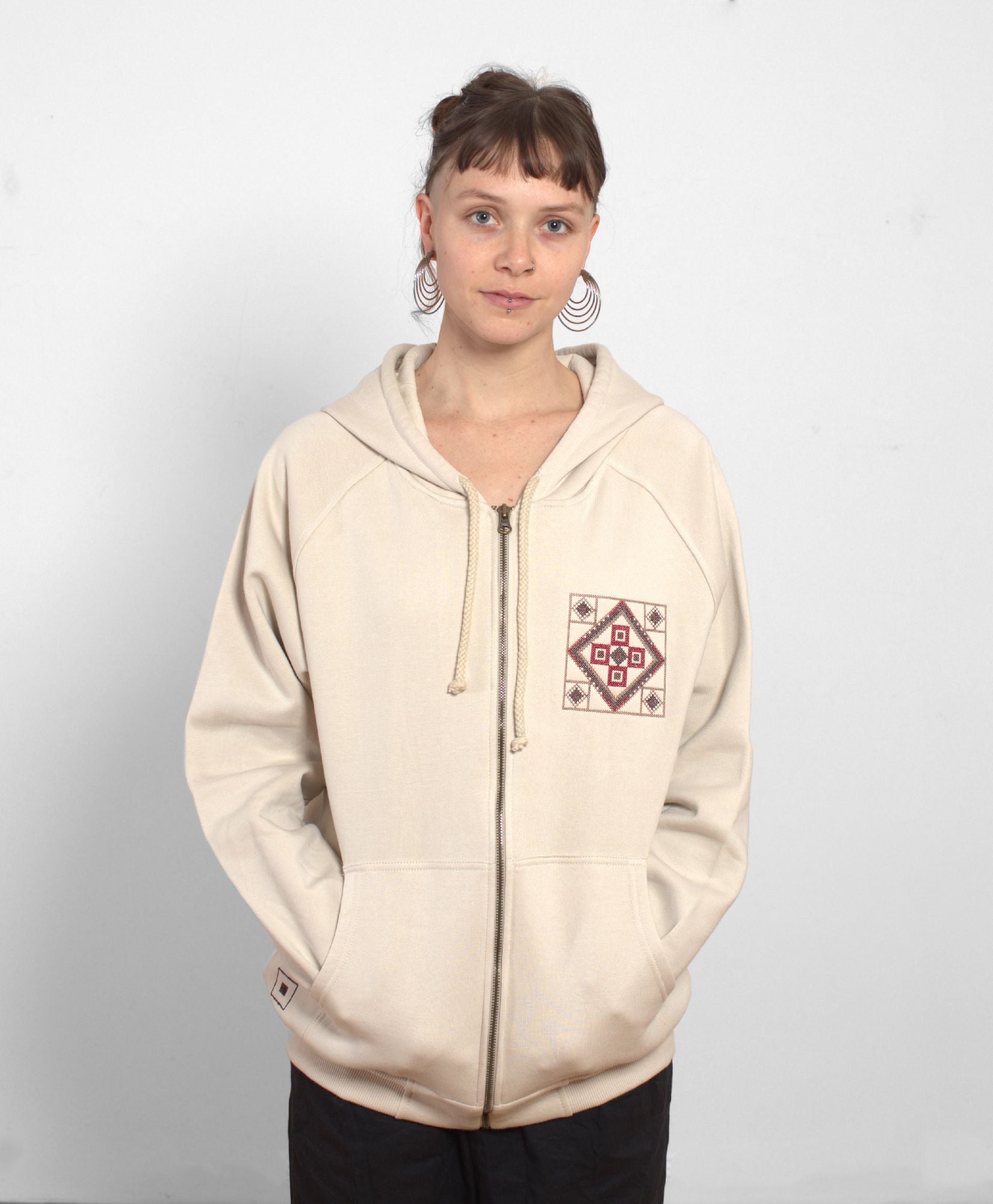 Embroidered art on Cotton Zip Hoodie / Stitched Beige Hooded Jacket