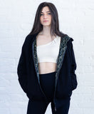 Limited Edition Cotton Black hooded Jacket lined with pure silk brocade / Zipper Hoodie 