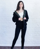 Limited Edition Cotton Black hooded Jacket lined with pure silk brocade / Zipper Hoodie 
