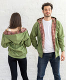 Limited Edition Cotton Green hooded Jacket lined with pure silk brocade / Zipper Hoodie 