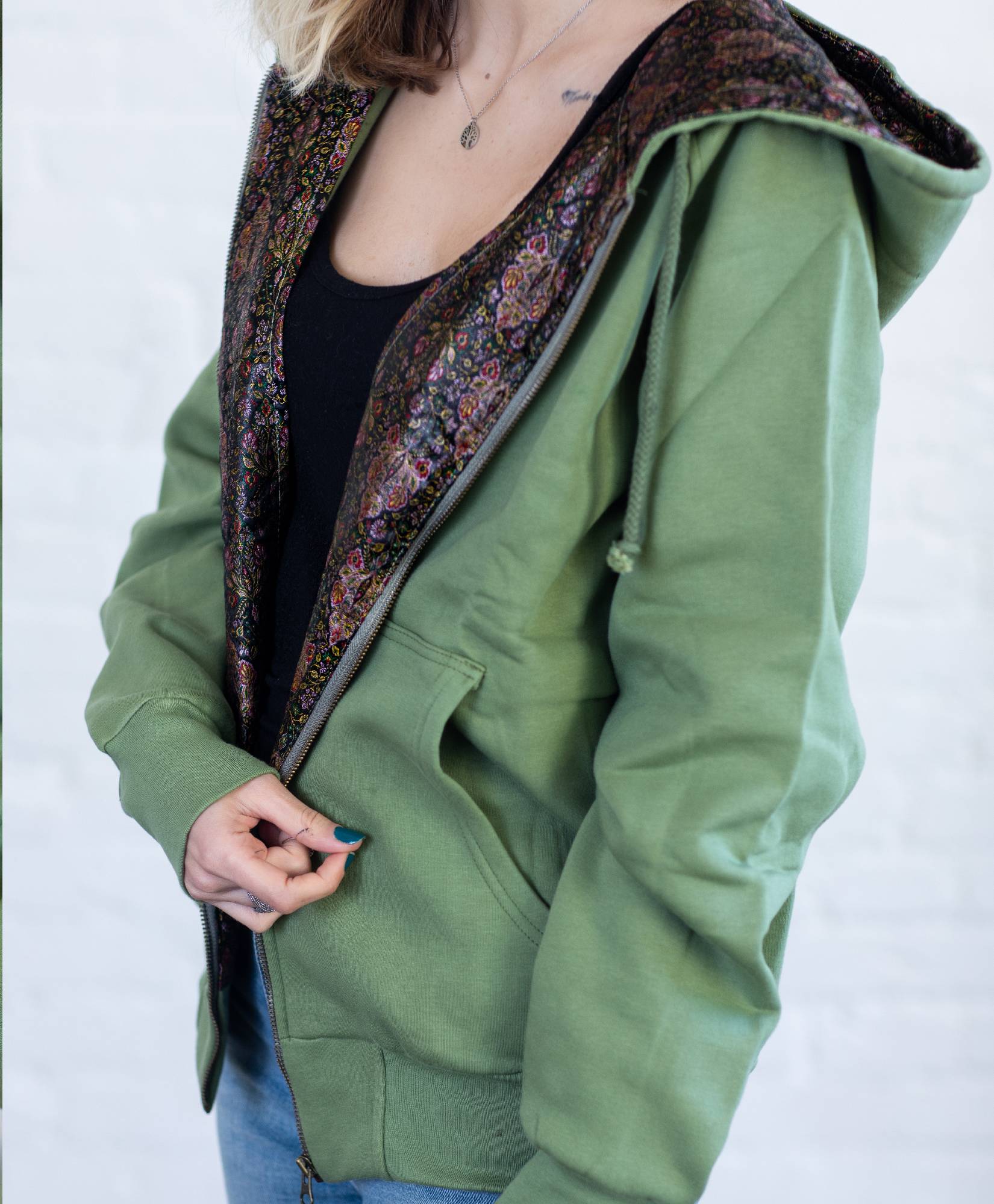 Limited Edition Cotton Green hooded Jacket lined with pure silk brocade / Zipper Hoodie 