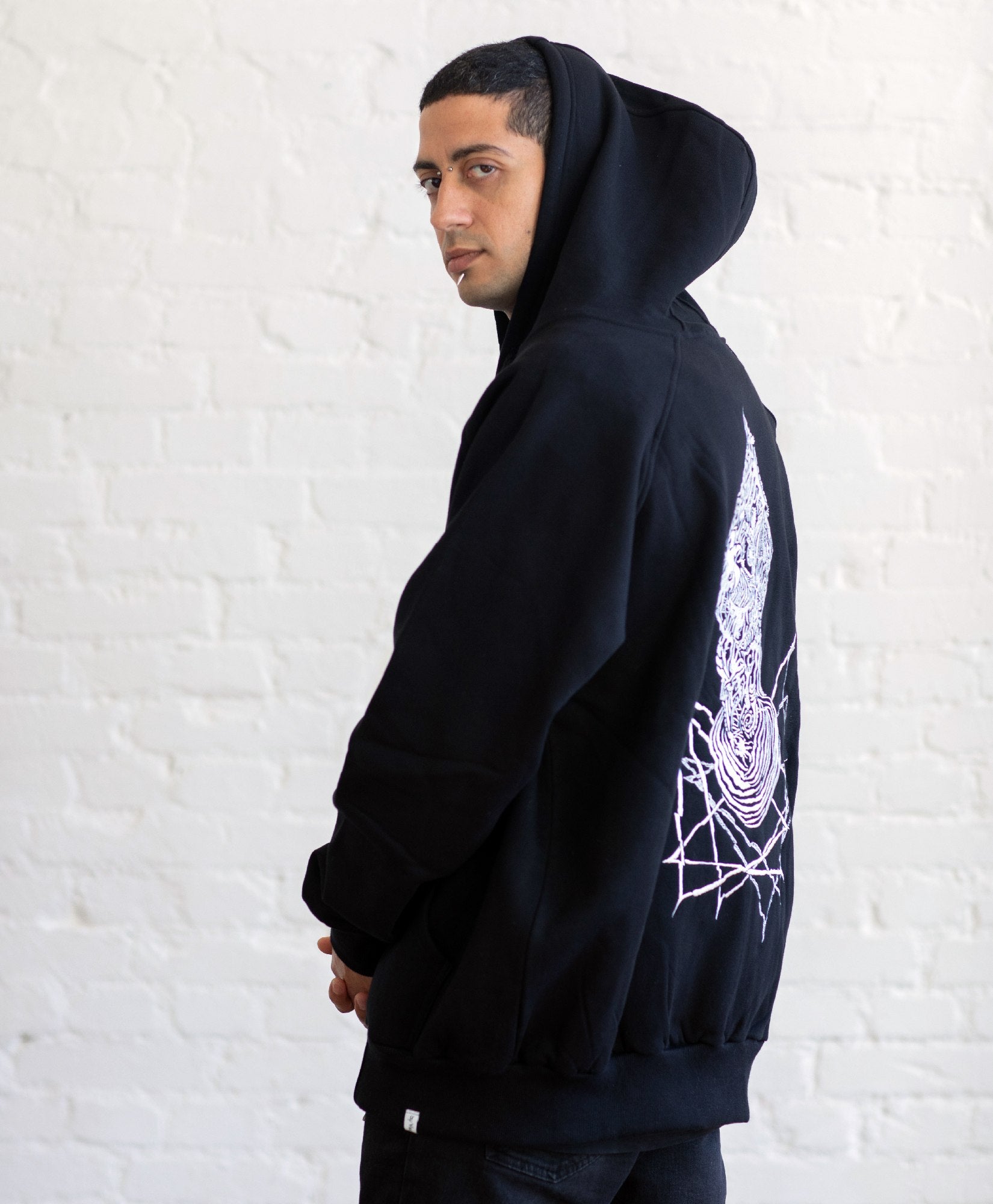 Cotton Black Embroidered Art on Zip Hoodie  / Stitched Hooded Jacket