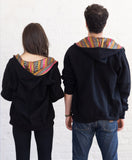 Limited Edition Cotton Black hooded Jacket lined with traditional Damascene Sayeh Fabric / Zip Hoodie 