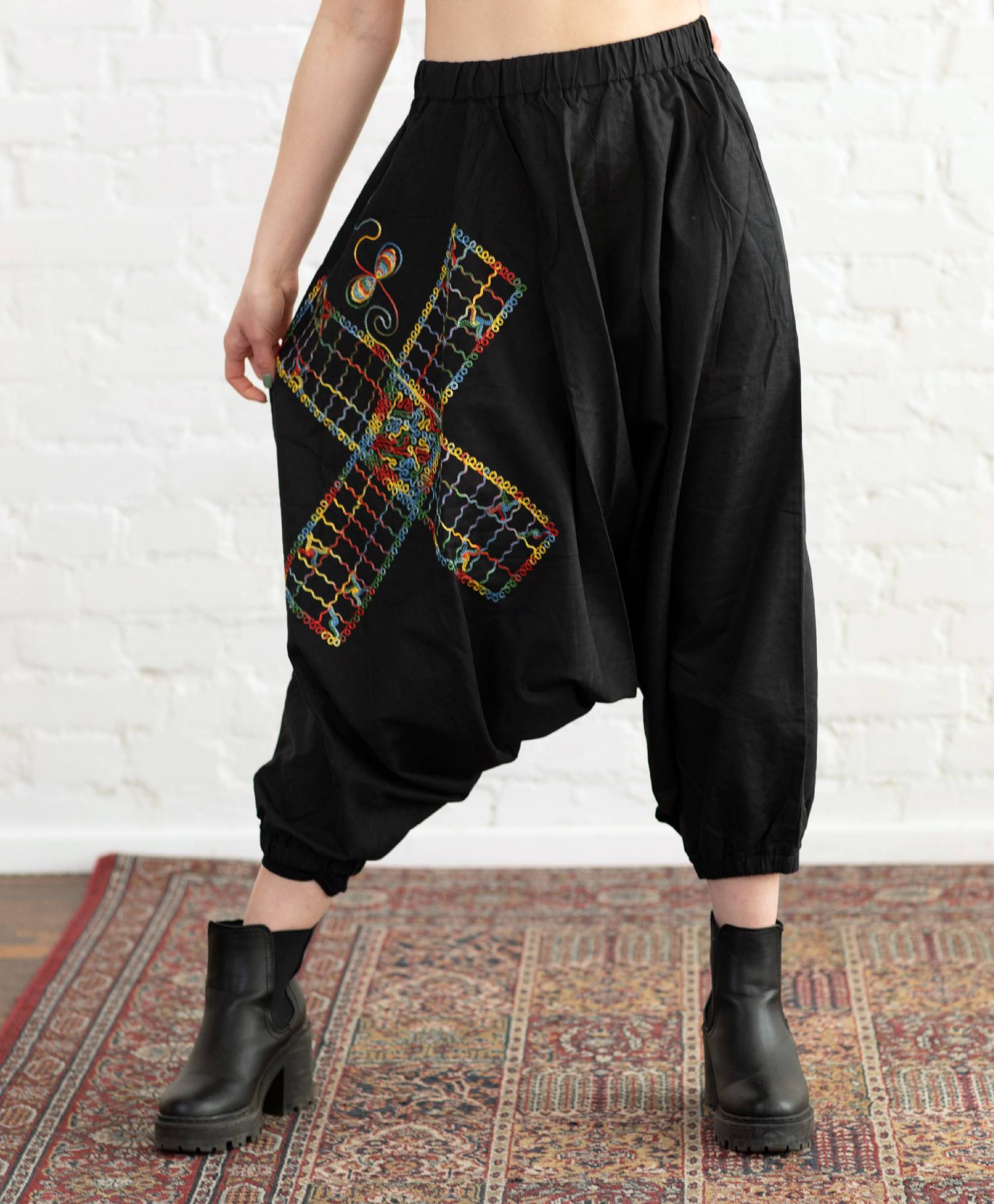 Cotton Black Embroidered Harem Pants + Traditional Barjees Board Game / Stitched Sarouel