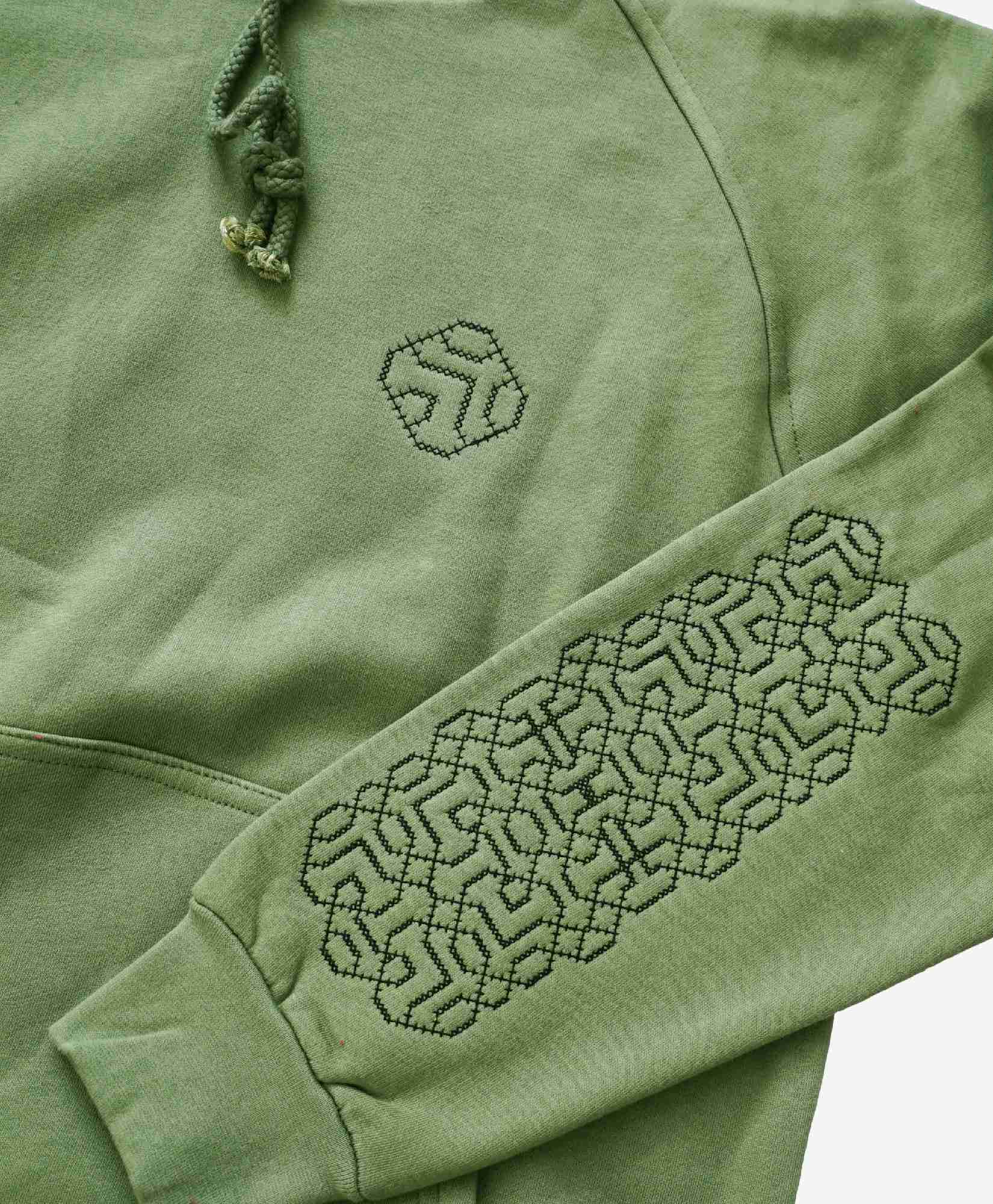 Palestinian Embroidery on Cotton Green Hoodie / Stitched Geometry Hoody