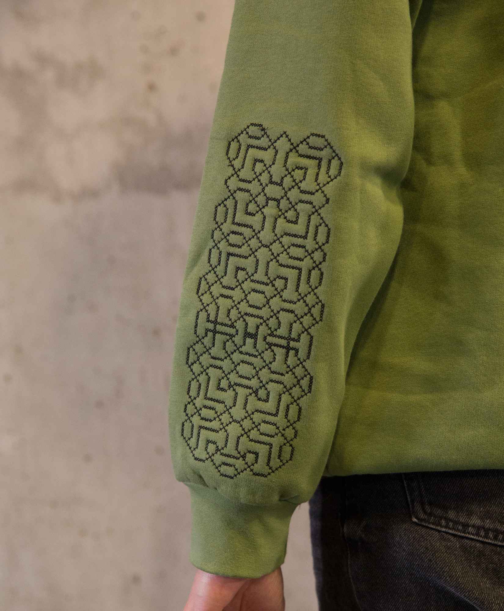 Palestinian Embroidery on Cotton Green Hoodie / Stitched Geometry Hoody