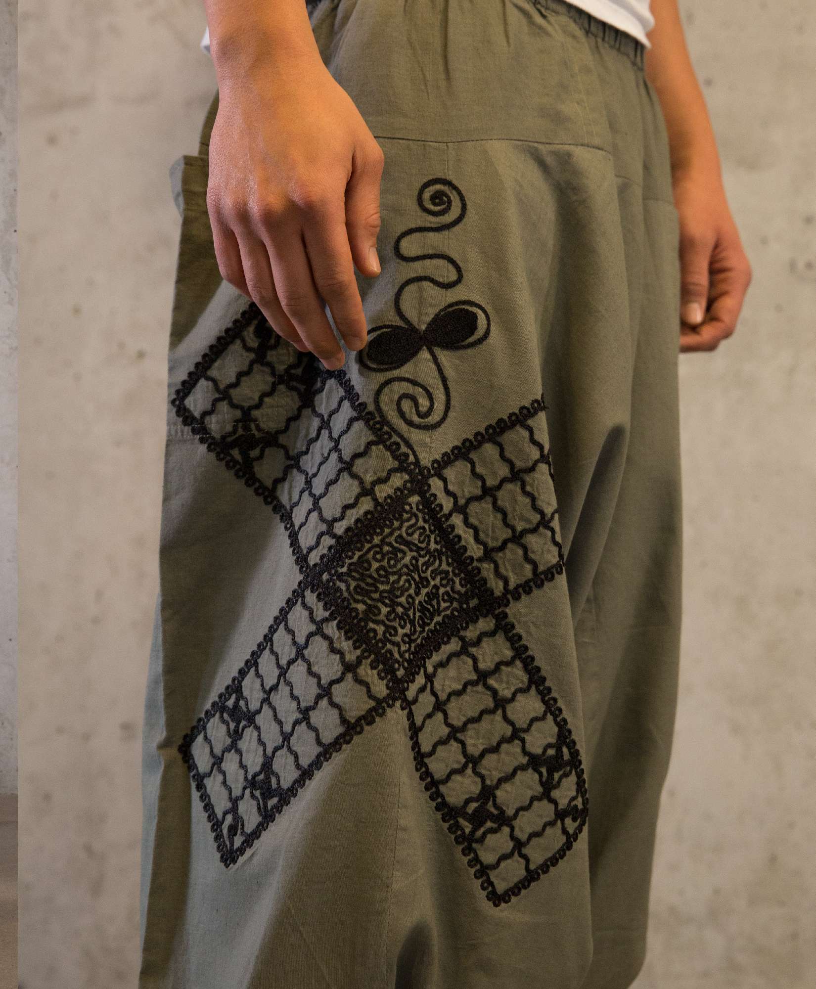 Cotton Kaki Embroidered Harem Pants + Traditional Barjees Board Game / Stitched Sarouel