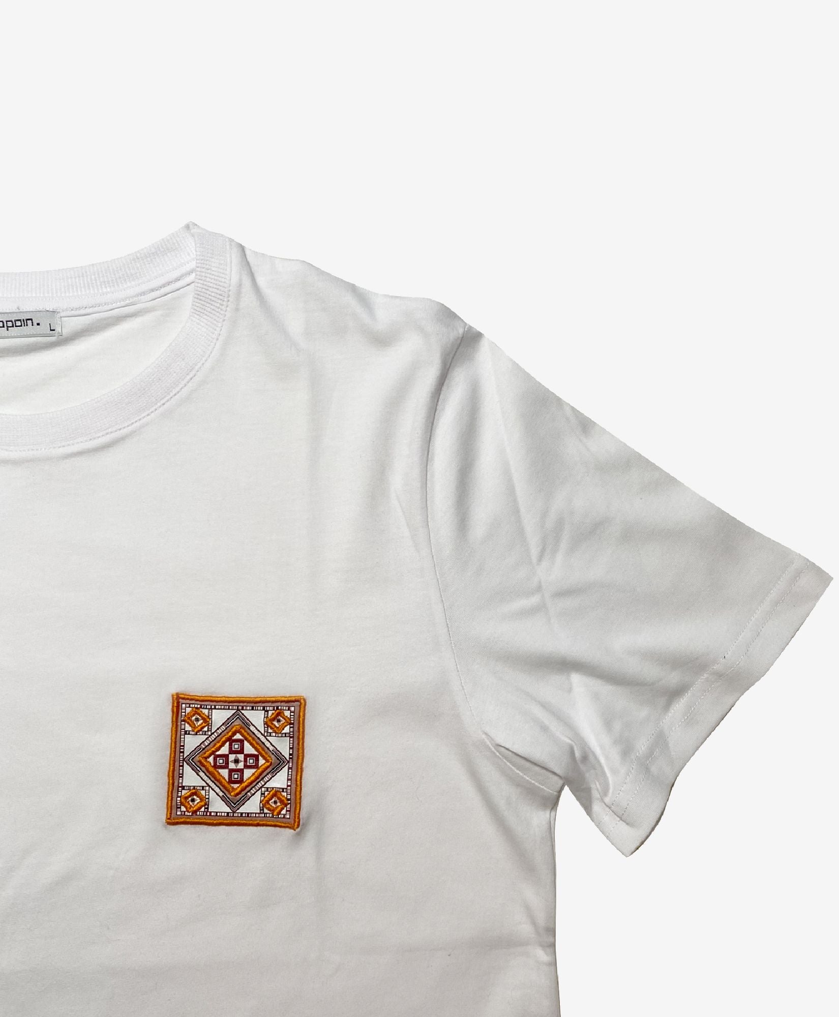  Embroidered Cotton White T-shirt / Stitched Islamic Geometry T-shirt